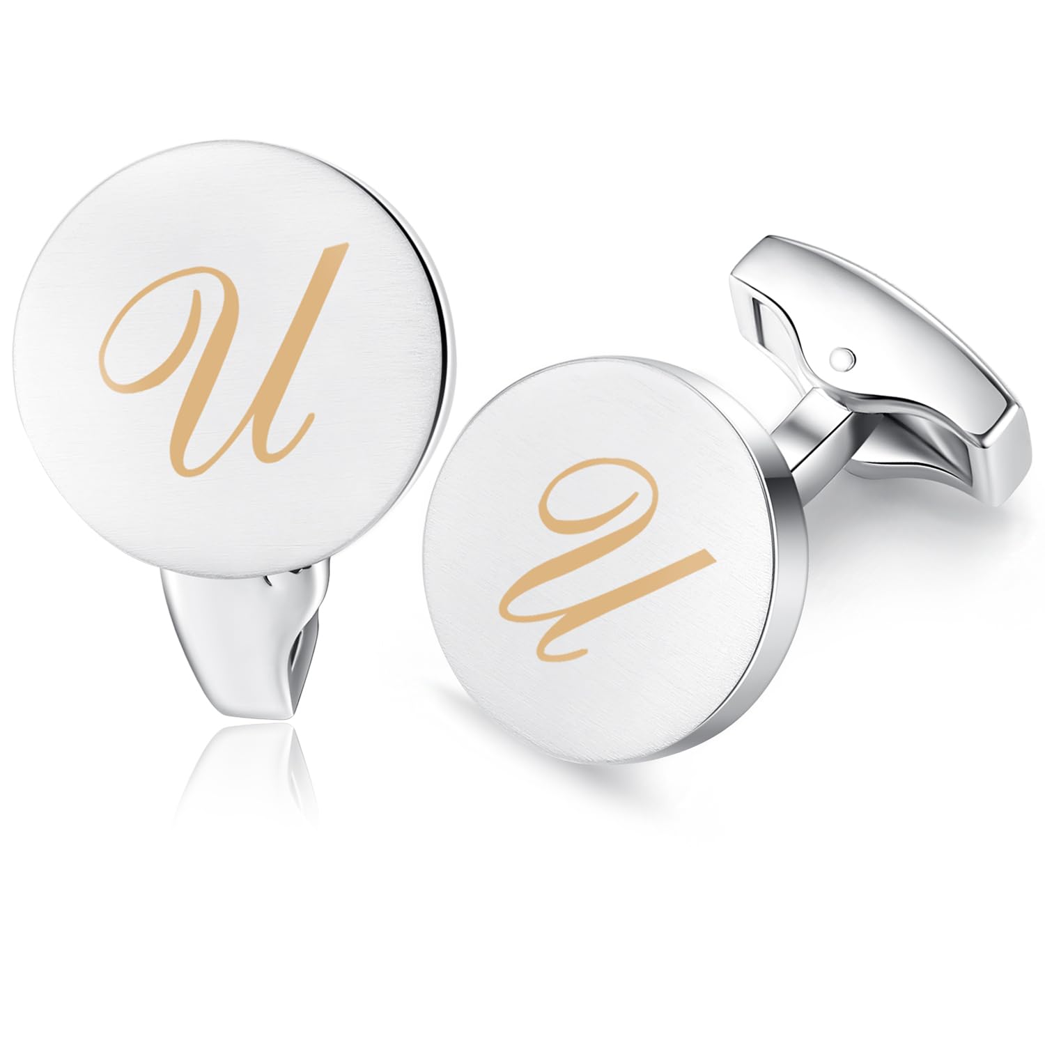 HONEY BEAR Initial Alphabet Letter Cufflinks for Men, Silver Round Shape Wedding Business Gifts A - Z (One pair U)