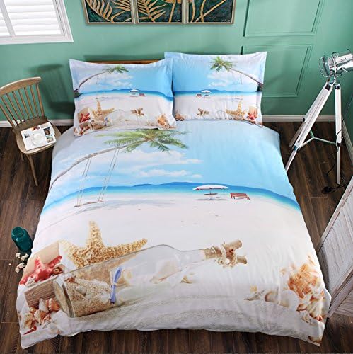 Lebather Pretty Beach and Seashell in Blue Sky Cotton 4 Peice Duvet Cover Set 3D Print Bedding 2 Pillowcase 1 Flat Sheet 1 Duvet Cover,Queen