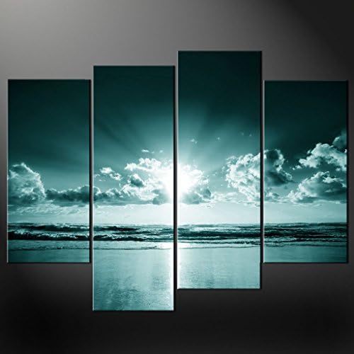 POPART Multi Panel Teal Canvas Wall Art White Blue Sunset Painting for Home Decor Tranquility Panoramic Wall Mural Seascape Artwork Ready to Hang(4 Panels/Set)