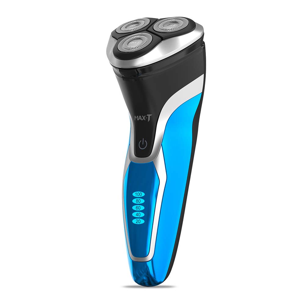 Max-T 3D Rechargeable 100% Waterproof IPX7 Electric Shaver,Wet & Dry Rotary Shavers for Men Adapter Charger Mens Electric Razors with Pop-up Trimmer, Blue