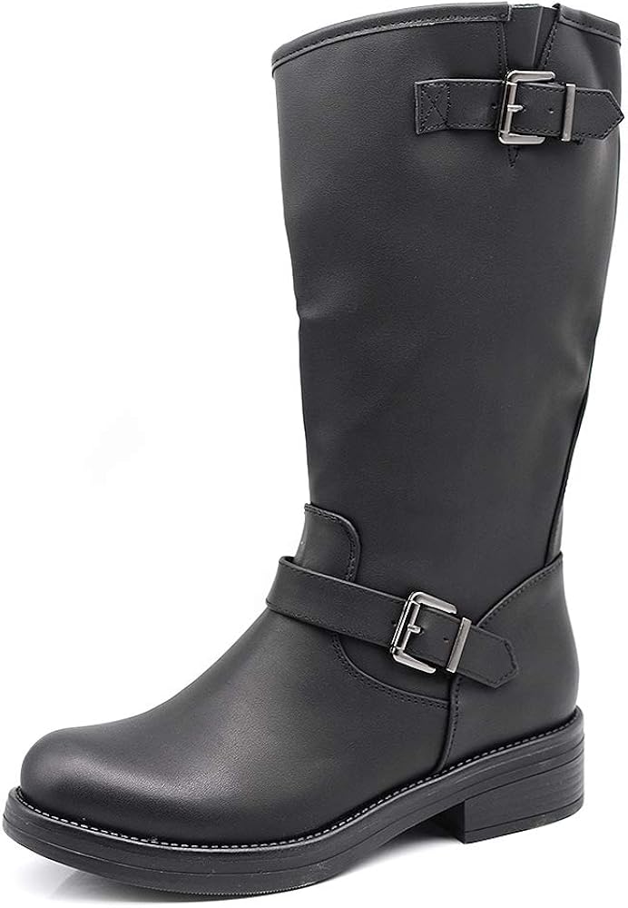 Stivali Donna Biker Con Fibbie - Stivaletti Al Polpaccio In Pelle Sintetica