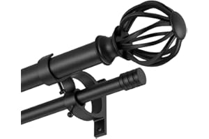 YUN NEPHELE Double Curtain Rods for Window 72-144", Matte Black Double Curtain Rods with Round Cage & Barrel Finials, 1-Inch Front and 5/8 Inch Back Double Drapery Rod
