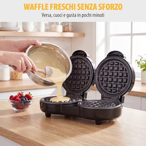 Piastra per Waffle Mini Doppia, 2 Waffle per Utilizzo, Potenza 1100 W, Piastre in Alluminio Antiaderenti, Design Compatto, WF-2115