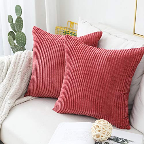 Home Brilliant Striped Velvet Corduroy Euro Sham Large Pillow Case Cushion Cover for Sofa, 24 x 24 inch (60cm), Set of 2, Dry Rose Pink