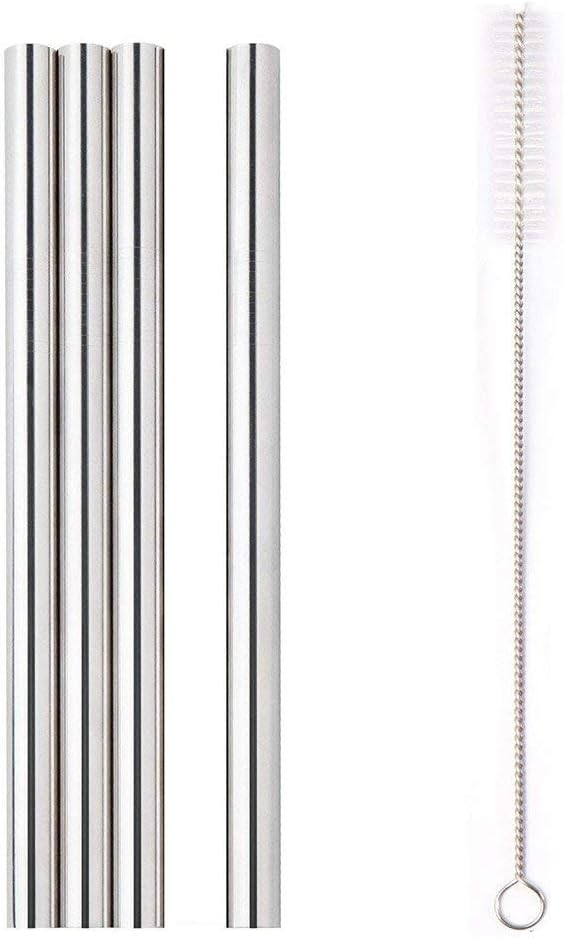 Stainless Steel Straws Metal Smoothie Straws Reusable Fat Boba Straws 9" X 8mm Set of 4 with Cleaning Brush for Bubble Tea Milkshake Jumbo Drinks (Straight Stainless Steel Straw)