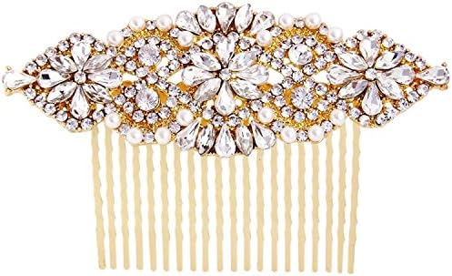 Fairy Moda Crystal Pearl Bridal Hair Comb Gold Wedding Hair Accessories Long (4 1/8")