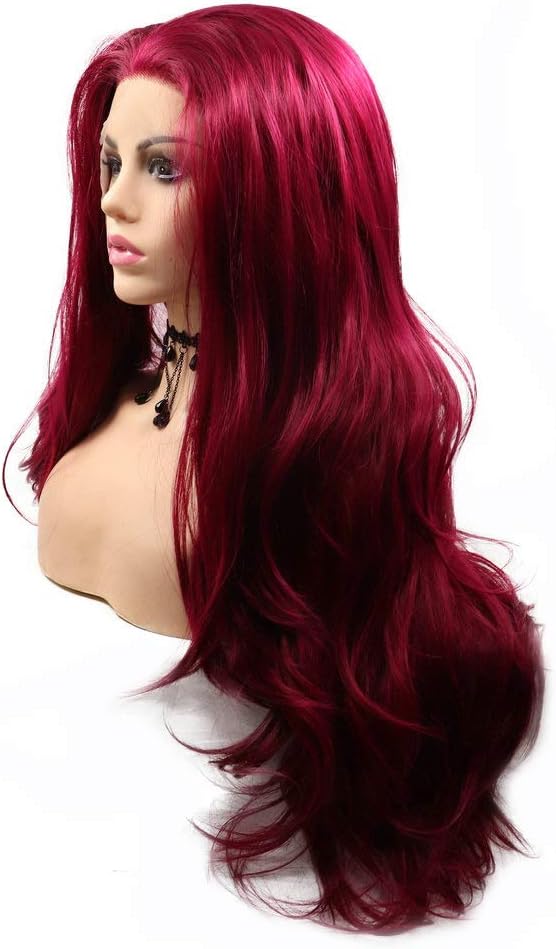 SereneWig Ladies Dark Red Synthetic Lace Front Wigs for Women Cosplay Party Replacement Mermaid Red Real Natural Red Color Long Wavy Synthetic Hair Drag Queen Wigs 24" - Image 3
