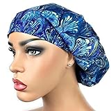 Women's Surgical Scrub Hat Nurse Ponytail Adjustable Euro Bouffant Blue Oil Bohemian DK Scrub Hats