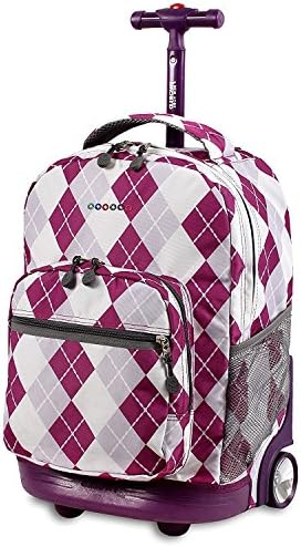 Girls Purple Argyle Pattern Rolling Backpack, Tartan Diamond Suitcase, Kids School Bag, Lightweight Fashionable, Duffel Wheels, Wheeling Luggage