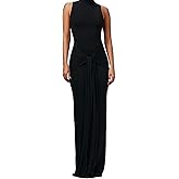 HJKOUYT Women Bodycon Maxi Dress Sleeveless Crew Neck High Waist Solid Color Dresses Sexy Bandage Ruched Cocktail Dress