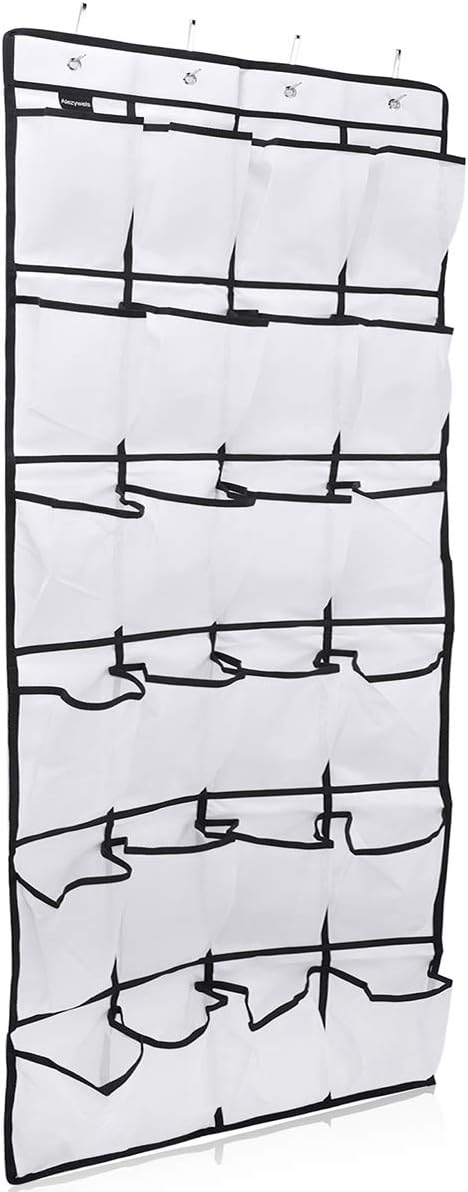 Alezywels Over the Door Shoe Organiser (24 Pockets) Hanging Closet Organizer and Space Saver, Thick Oxford Fabric, Heavy-Duty Hang Hooks, Flexible Wall Rack, Supports Men and Women (White)