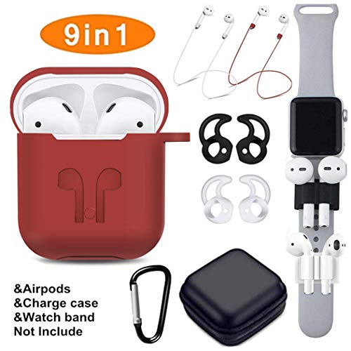 Airpods Case, Airpods Accessories Set,9 in 1 Protective Silicone Cover and Skin Compatible Apple Airpods with Anti-Lost Airpods Strap,Airpods Ear Hook/Watch Band Holder/Keychain/Carrying Box (RED)