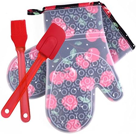 Oven Mitt Pair with Cotton Lining - Flexible, Comfortable Fit with Heat Resistant Silicone to Easily Grip or Hold Pot When Cooking, Grilling, Baking &amp; BBQ (Bonus Free Brush &amp; Spatula from KitchenPalz)