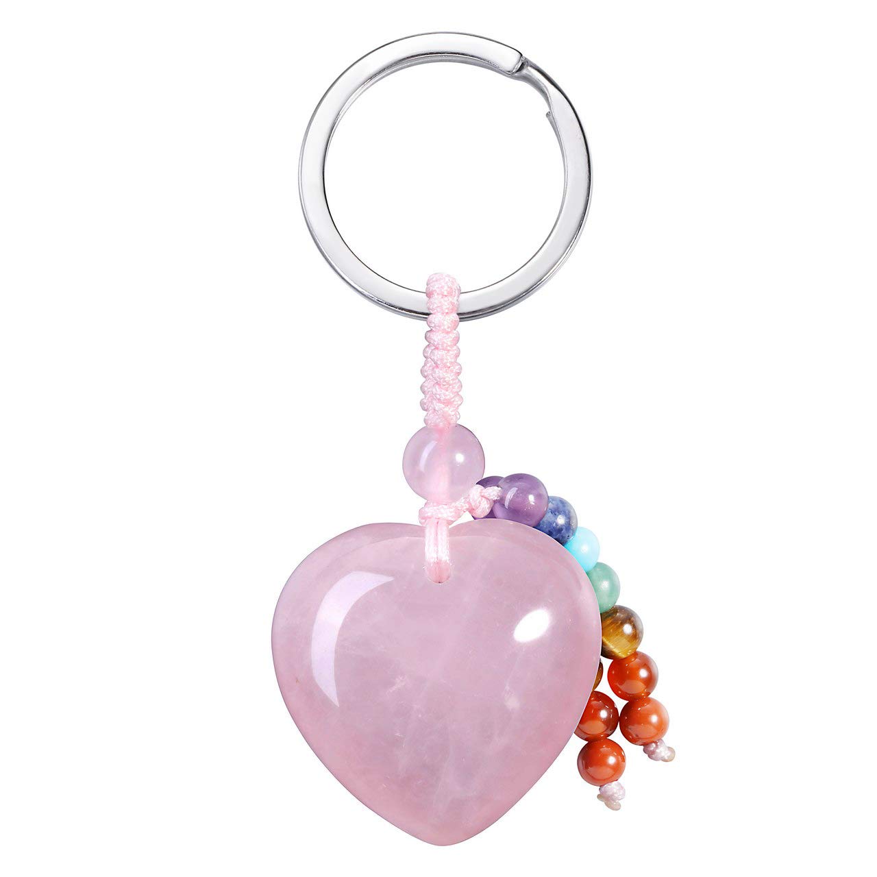 JSDDE Natural Gemstone Heart Keyring Chakra Pendant Key Ring Bag Pendant Yoga Energy Healing Stone Lucky Charm Keychain, rose quartz, Schlüsselanhänger