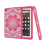 Hocase Fire 7 Case - Hybrid Rugged Shock Proof Protective Cover Case For Amazon Fire 7 Inch Tablet (5th Generation - 2015 release Only) - Hot Pink Flower / Grey