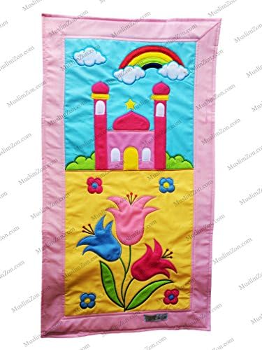 MY LITTLE PRAYER RUGS FOR MUSLIM KIDS COLORFUL HANDMADE CHILDREN'S PRAYER SAJADAH MAT FOR BOYS &amp; GIRLS (RAINBOW FLOWERS PINK)
