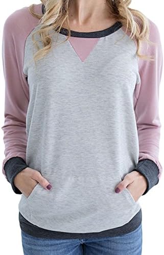 CadeVic Womens Casual Round Neck Long Sleeve Color Block With Pockets Sweatshirt T Shirt Tops, Grey/Pink, XL