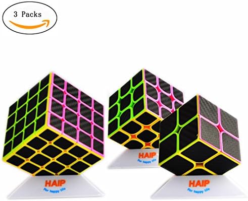 Puzzle Cube Set of 3, Haip 2x2x2 3x3x3 4x4x4 Carbon Fiber Sticker Speed Smooth Magic Cube (Base Holder Included)