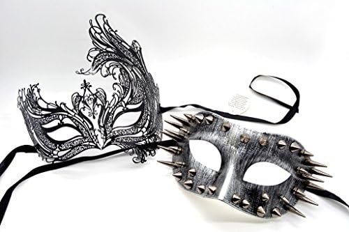 Couple Men Women Black Laser Cut Filigree Spike Venetian Masquerade Mask
