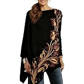 Epanus Women's Embellished Floral Printed Oversized Tunic Top Long Sleeve Boat Neck Asymmetric Shirt, Elegant Casual Outfit