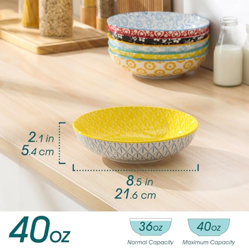 vancasso Selene 40 OZ Colorful Floral Pasta Bowls Set of 6, 1200 ML 8.5 Inch Large Ceramic Serving Bowls for Salad, Soup, Noodles, Fruit, Microwave and Dishwasher Safe Dinner Sets, House-Warming Gift