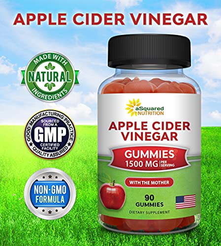 aSquared Nutrition Apple Cider Vinegar Gummies - 1500mg Per Serving - with The Mother - 90 ACV Gummies w/Vitamin B6 & B12, Folic Acid - Vegan Gummy Supplement Alternative to Capsules Pills & Drink