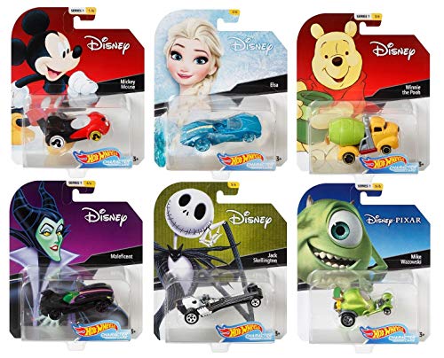 2018 Hot Wheels Set of 6 Disney 1/64 Character Cars Collectible Die Cast Toy Cars, with Michey Mouse, Elsa, Winnie The Pooh, Maleficent, Jack Skellington, Mike Wazowski.