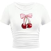 Ecolala Girls Crop Tops Short Sleeve Ruched Sides Slim Fit Bow Cheery Graphic Tees Cute Summer Shirts