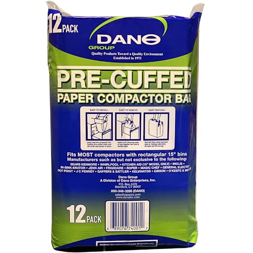 Dano Pre-Cuffed Compactor Bags (12 Pack) - Precuffed, Garbage Compactor, Kitchen Lining, Hardware for Home Use, Durable Material, Kitchen Essential, Paper & Plastic Lined Bags