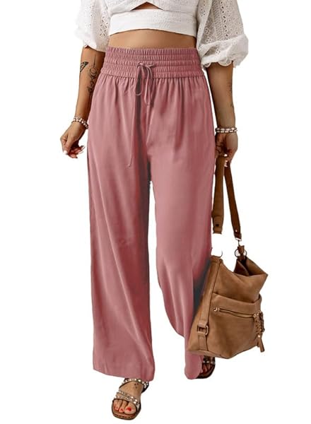 ACELITT HIGH WAISTED PULL ON HALARA PANTS FOR WOMEN CASUAL WIDE LEG FALL FASHION 2024 PANTS WITH POCKETS PINK LARGE