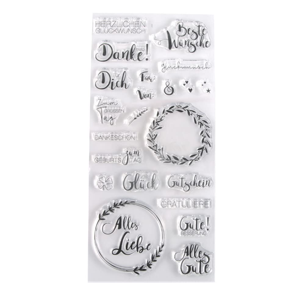 Rayher 50241000 Set of 22 Clear Silicone Stamps for Card Making and Crafting, Assorted Sentiments and Wreath Designs, 97 x 205 mm