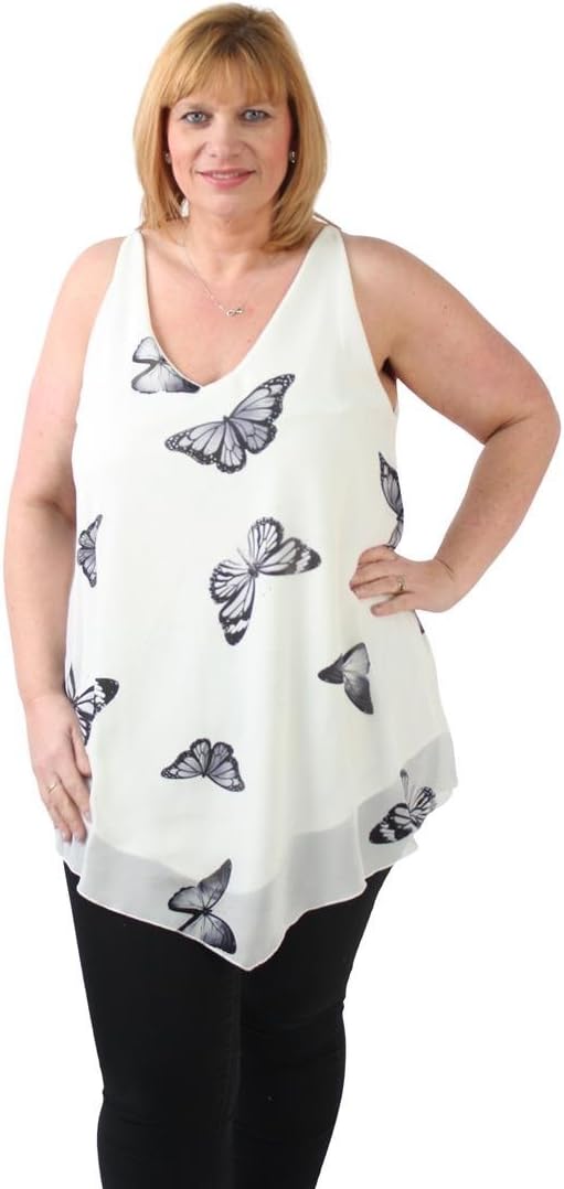 Girltalkfashions Womens Plus Size Butterfly Print Dip Hem Sleeveless Silky Top