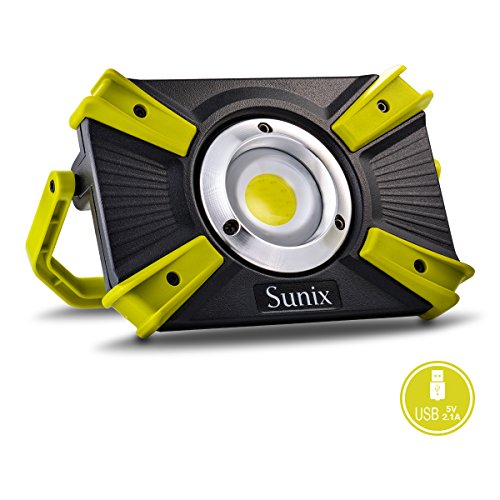 20W 1600lm LED Work Light, Sunix Spotlights Work Lights, Cob LED Flood Light, IP64 Waterproof, Built-in Rechargeable Security Light with 5V 2.1A USB Port and SOS Mode