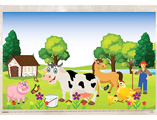Extra Sticky Disposable Plastic Placemat for Baby and Toddlers - 60 Count - New Farm Animals Design for 2018 - BPA Free - Use for Easy Cleanup of Tabletops - Keep Area Germ Free - Adhesive on 4 Sides