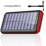 Solar Charger 24000mAh Battery Pack High Capacity Solar Power Bank with USB Fan and 3 USB Port External Portable Charger for iPhone, iPad, Samsung, HTC, and other Tablet-(Red)