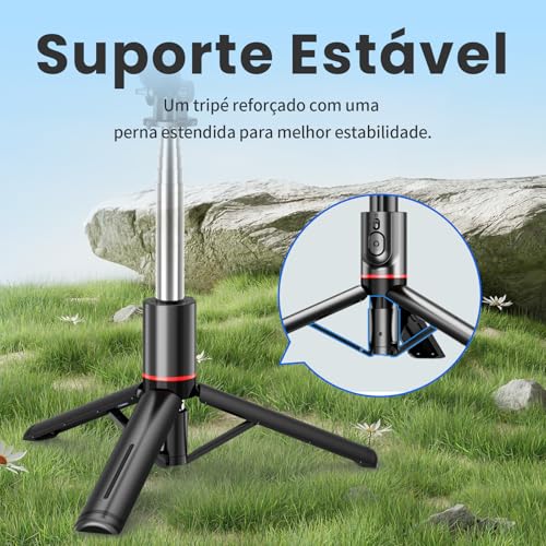 H'MASTON Tripe para Celular Pau de Selfie com Iluminação Bastao de Selfie com Controle Remoto Bluetooth e Duplo Luz LED Ajustável ZP-13 (PRETO)