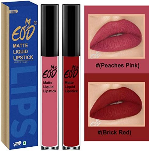 EOD® Soft Matte Kiss Proof Vegan Made in India Liquid Lipstick Long Wearing Set of 2 Lip Gloss(Peaches Pink, Brick Red)