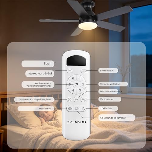 OZENAOS Ceiling Fan with Light, 112 cm (44 Inches), Silent DC Motor, Remote Control, 6 Speed, Timer, 3 Colours of Dimmable, Black, for Living Room, Bedroom