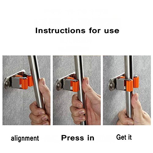 KKhouse 1 Pack Stainless Steel Mop Broom Holder Wall Mount with Hook Gripper Slot, Garden Storage Rack Mop Broom Handle Kitchen Storage Garage Garden Tools Commercial Organizer (4position 5hooks)