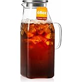 68oz Glass Pitcher with Lid, Borosilicate Glass Carafe with Filter | Heat Resistant Borosilicate Glass, Square Space-Saving Design, Dual Filter Spout, Dishwasher Safe, Stainless Steel Lid
