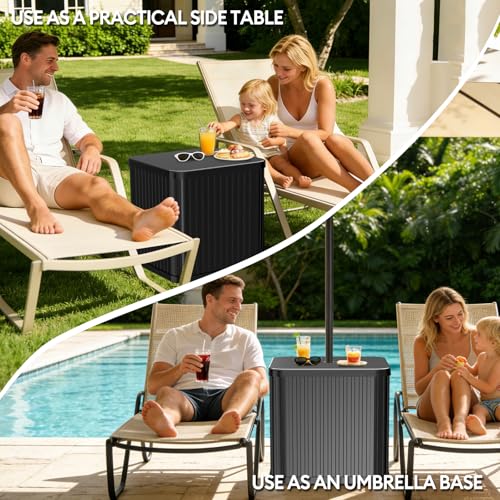 Umbrella Side Table with Umbrella Hole, Hyperzoo 2-in-1 Outdoor Side Table & Umbrella Stand with Fillable Base, Heavy Duty Poolside Table Holds 132 lbs, Fits ≤1.5” Pole for Poolside & Backyard, Black