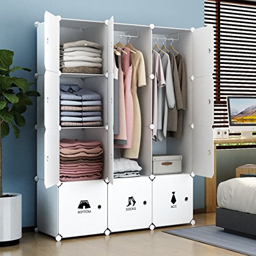 KOUSI Portable Clothes Closet Wardrobe Bedroom Armoire Dresser Cube Storage Organizer, Capacious & Customizable, White, 6 cubes&2 Hanging Sections