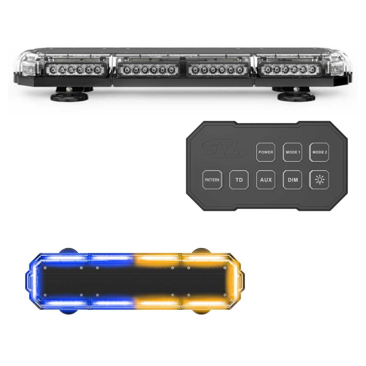 SpeedTech Lights K-Force Micro Elite 21 TIR Mini barra de luz LED - 60 LED 180 W Luz estroboscópica de emergencia magnética para montaje en techo para camiones, automóviles y arados (azul/amarillo)