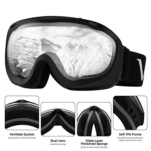 VELAZZIO Ski Goggles, Snowboard Goggles - Spherical Double Layer Anti-Fog 100% UV Protective Lens, Hydrophobic and Oleophobic Coating, Helmet Compatible, Medium Fit Snow Sports Goggles Men & Women