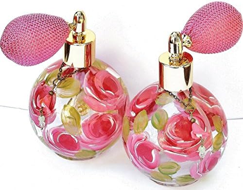Vintage Style Large Round Glass Spray Perfume Bottle Fine Mist Atomizer with Hand Painted Pink Roses Romantic Victorian Decor Unique Gifts for Women