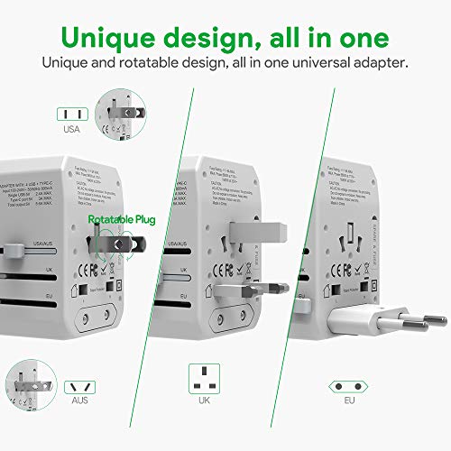 Travel Adapter, AKAMATE International Universal Power Wall Charger with 4 USB, 1 USB C, Smart IC, All in One Adapter for Europe, UK, US, AU, Asia and More