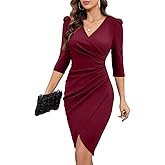 IHOT Women's 2026 Sexy V Neck 3/4 Sleeve Faux Wrap Ruched Sheath Bodycon Party Cocktail Work Dress