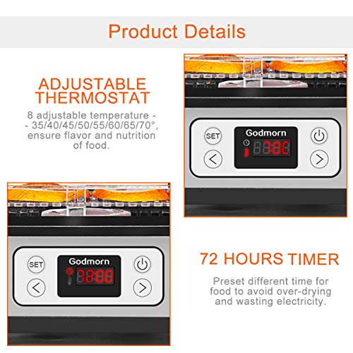 Electric Food Dehydrator Machine, Godmorn Multi-Tier Food Preserver with Digital Timer & Temperature Control from 95ºF to 158ºF for Beef Jerky, Dried Fruits, Vegetables & Nuts, 5 Stackable Drying Tray