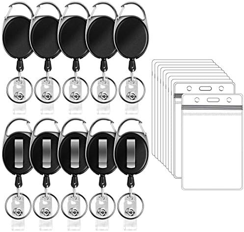 20 Pcs Retractable Badge Holder Carabiner Reel with Vertical Sealable Waterproof ID Card Holders and Key Ring(10 Reels + 10 Holders))