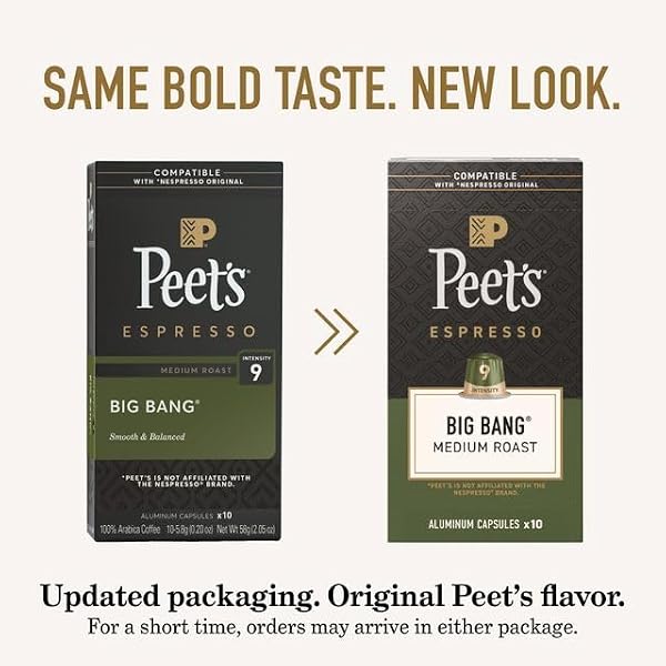 PEET’S COFFEE, MEDIUM ROAST ESPRESSO CAPSULES, COMPATIBLE WITH NESPRESSO ORIGINAL MACHINES, 100% ARABICA COFFEE – BIG BANG INTENSITY 9, 50 COUNT (5 BOXES OF 10 ESPRESSO CAPSULES)